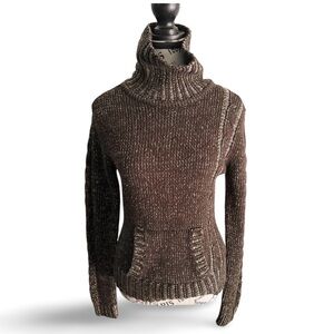 Y2K Ribbed Turtleneck Buttons Kangaroo Sweater Brown Wool Size Medium